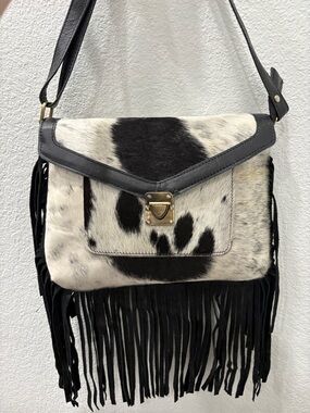 Fringe Cowhide Crossbody Bag - Black & White